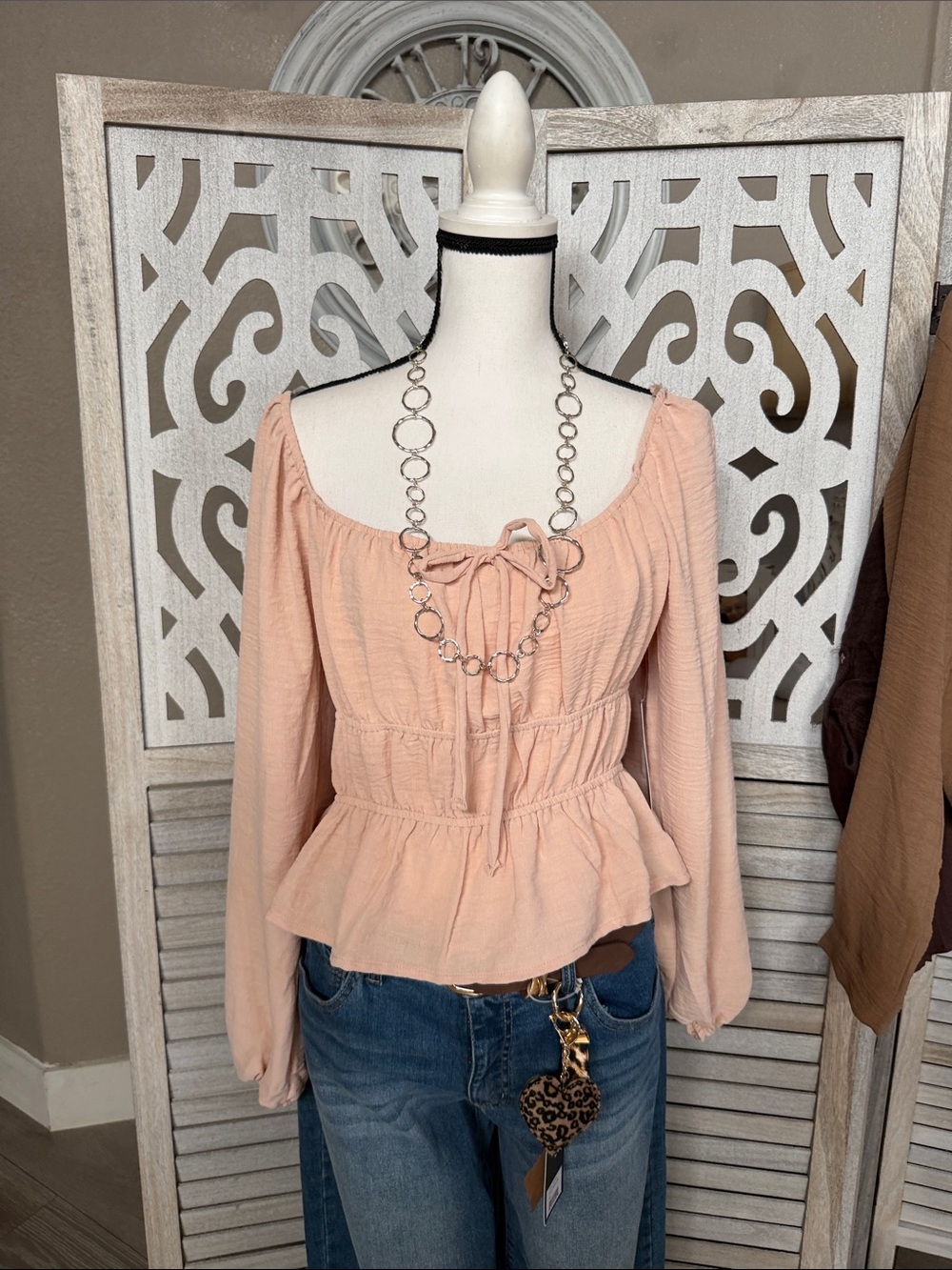 Peach Long-Sleeve Peplum Tie-Front Top - Unbranded